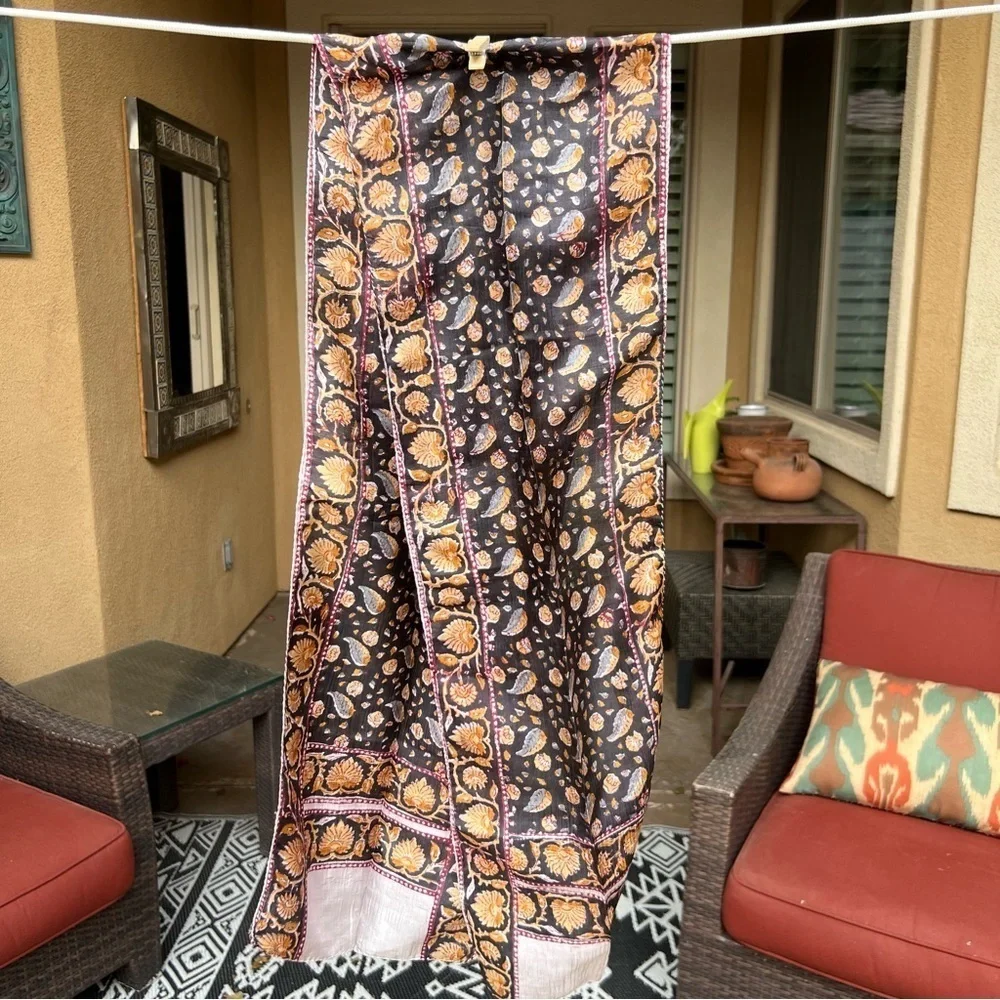 SILK Skinny Scarf Indian Block Print Caramel Spice Boho